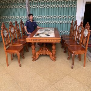 Bộ bàn ăn Louis gỗ gụ 8 ghế mặt đá tự nhiên